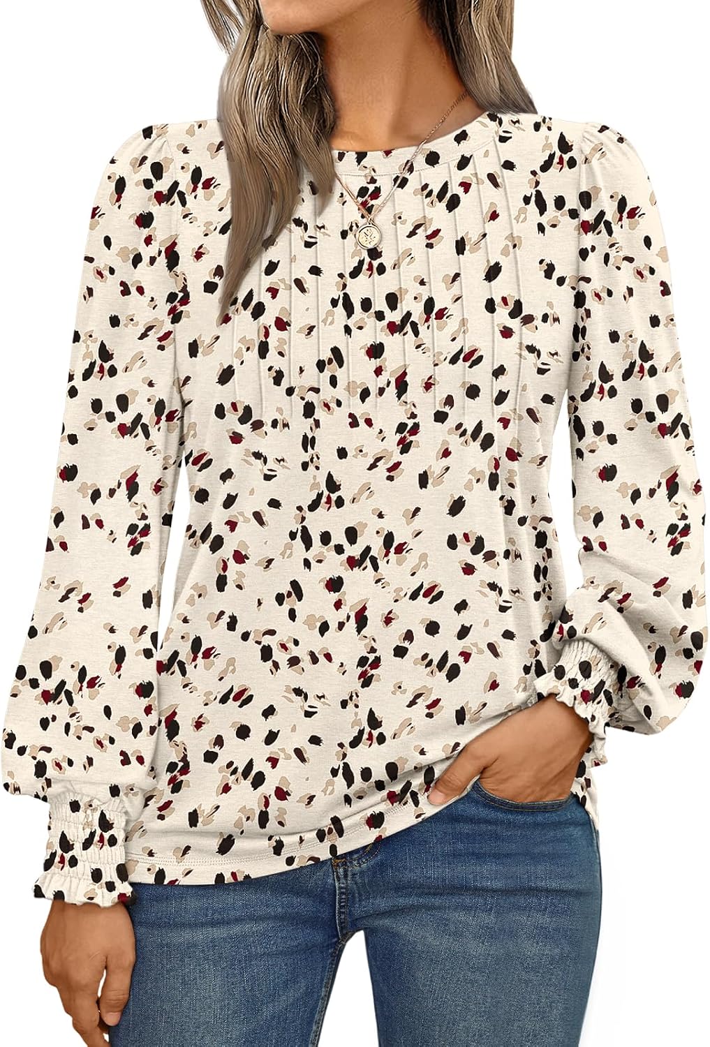 Long Sleeve Shirts Womens Pleated Business Casual Blouses with Smocked Cuffs