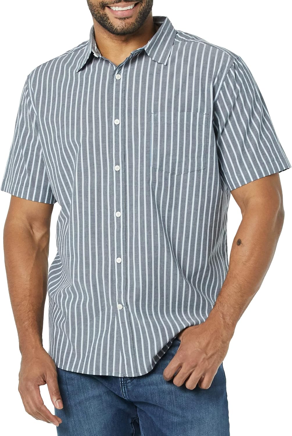 Men's Short Sleeve Dress Shirt with Stretch, Charcoal White Vertical Stripe (Available in Big & Tall)