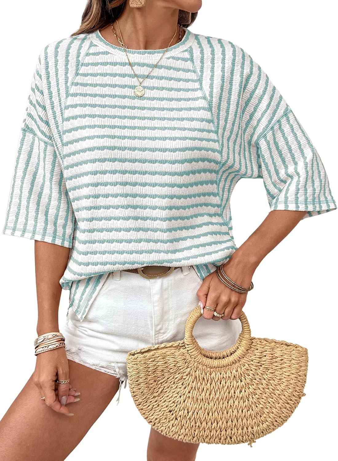 Womens Summer Tops Oversized Tshirts for Women Striped Color Block Short Sleeve T Shirts Crewneck Casual Tee Blouses
