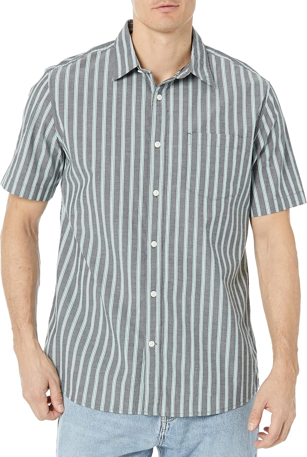 Men's Short Sleeve Dress Shirt with Stretch, Charcoal White Vertical Stripe (Available in Big & Tall)
