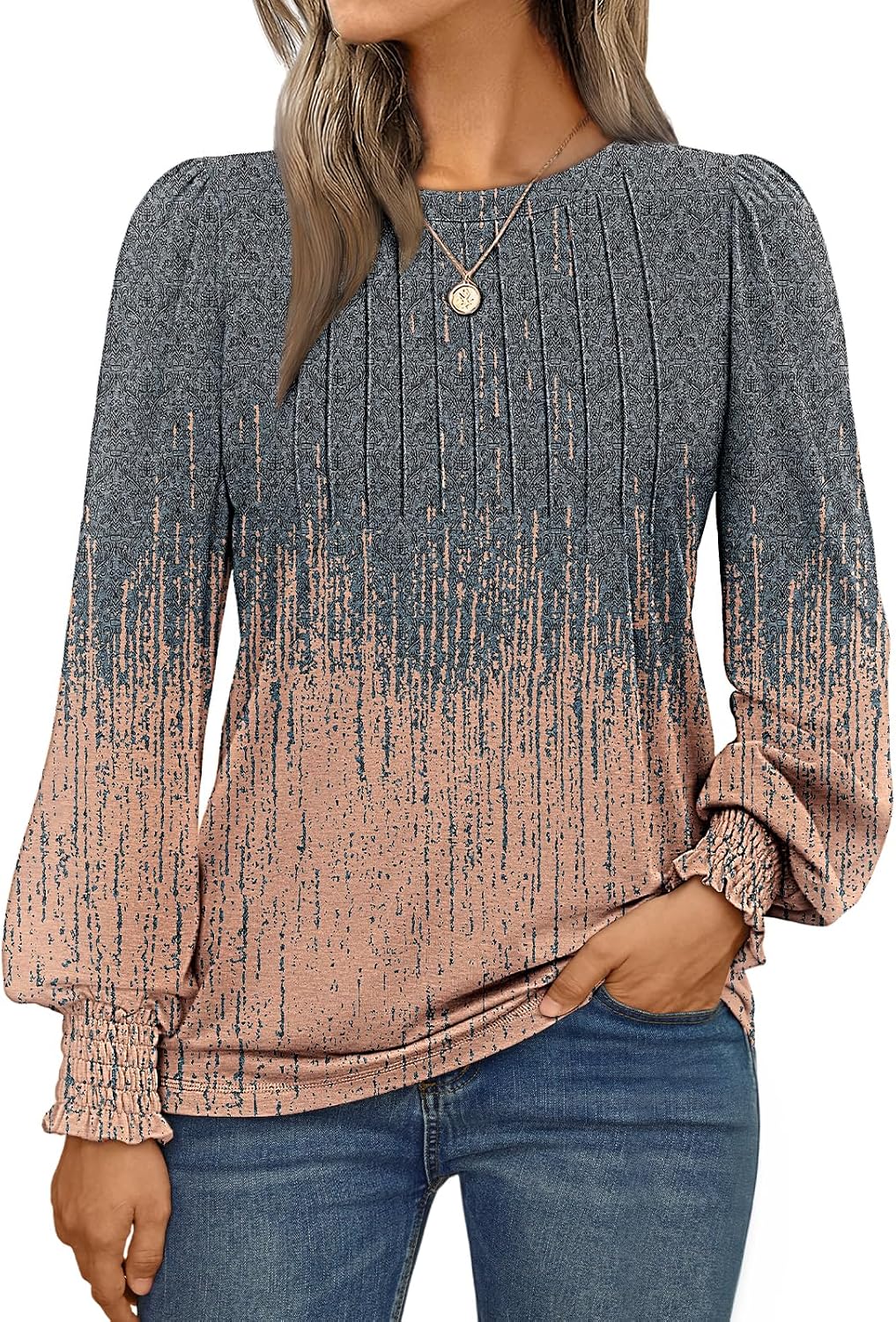 Long Sleeve Shirts Womens Pleated Business Casual Blouses with Smocked Cuffs