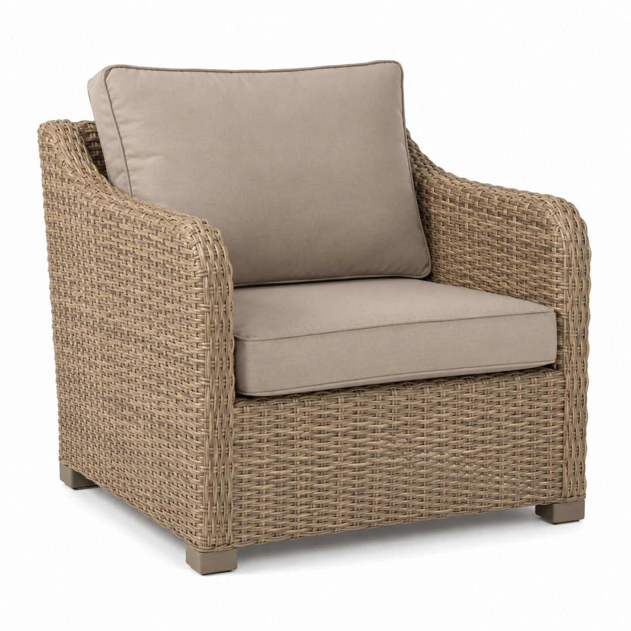 Loungesessel Polyrattan Natur mit Greige-Kissen für geschützte Außenbereiche-CasterraHome