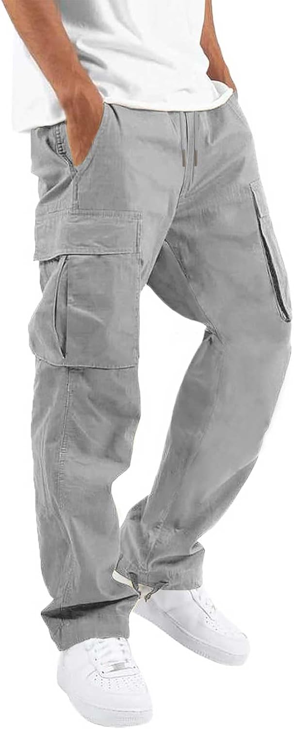 Mens Casual Joggers Pants Hiking Drawstring Chino Cargo Pants Straight Leg Pants