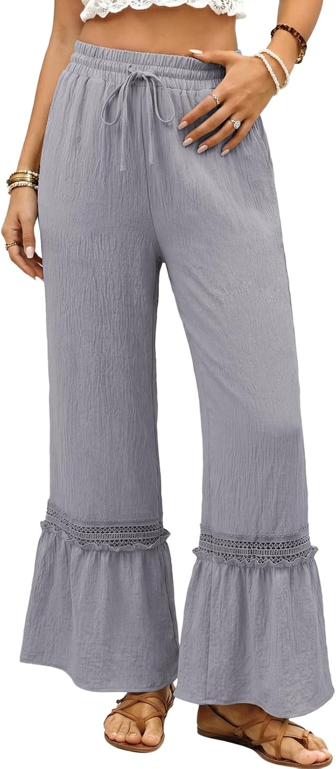 Women's Pants Casual High Waisted Wide Leg Pants Woman Loose Drawstrings Lace Trousers with Pockets
