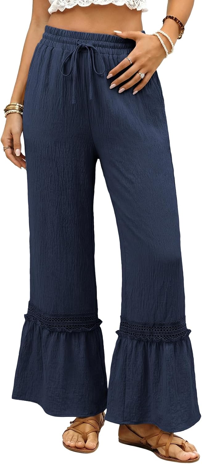 Women's Pants Casual High Waisted Wide Leg Pants Woman Loose Drawstrings Lace Trousers with Pockets