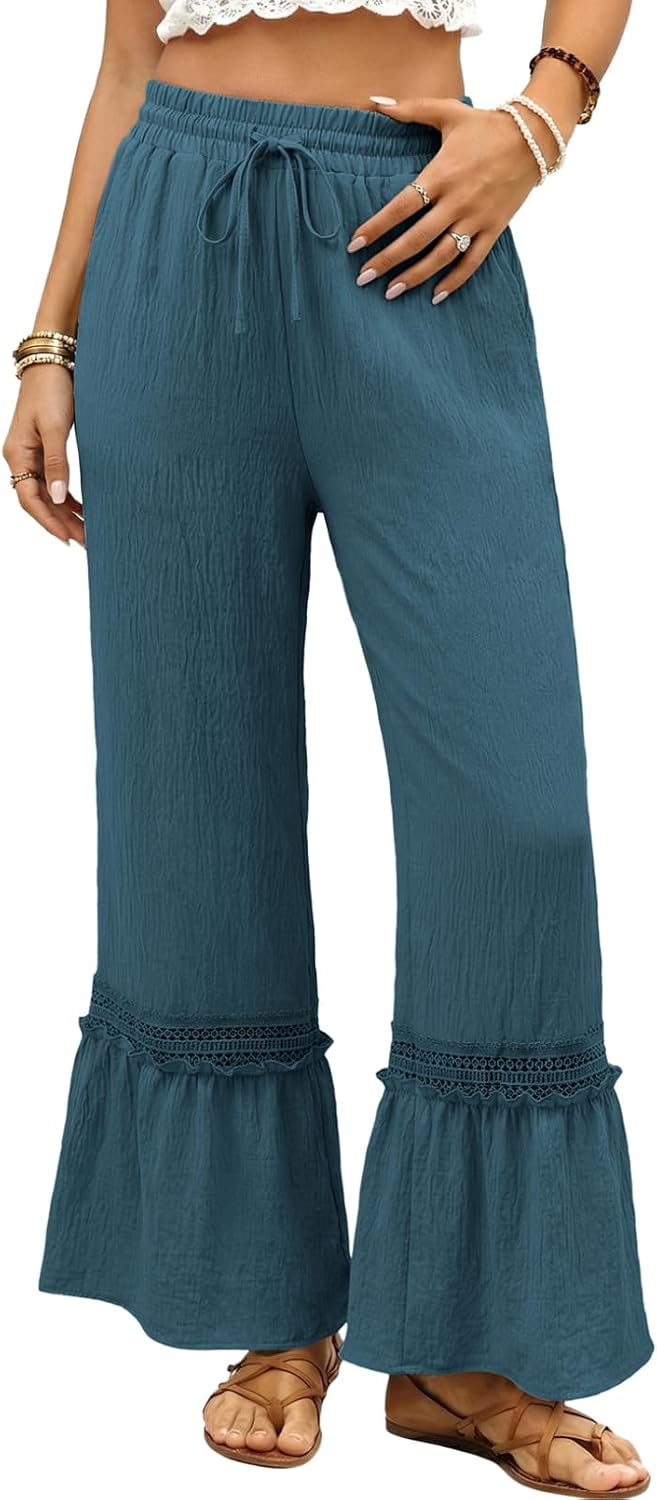 Women's Pants Casual High Waisted Wide Leg Pants Woman Loose Drawstrings Lace Trousers with Pockets