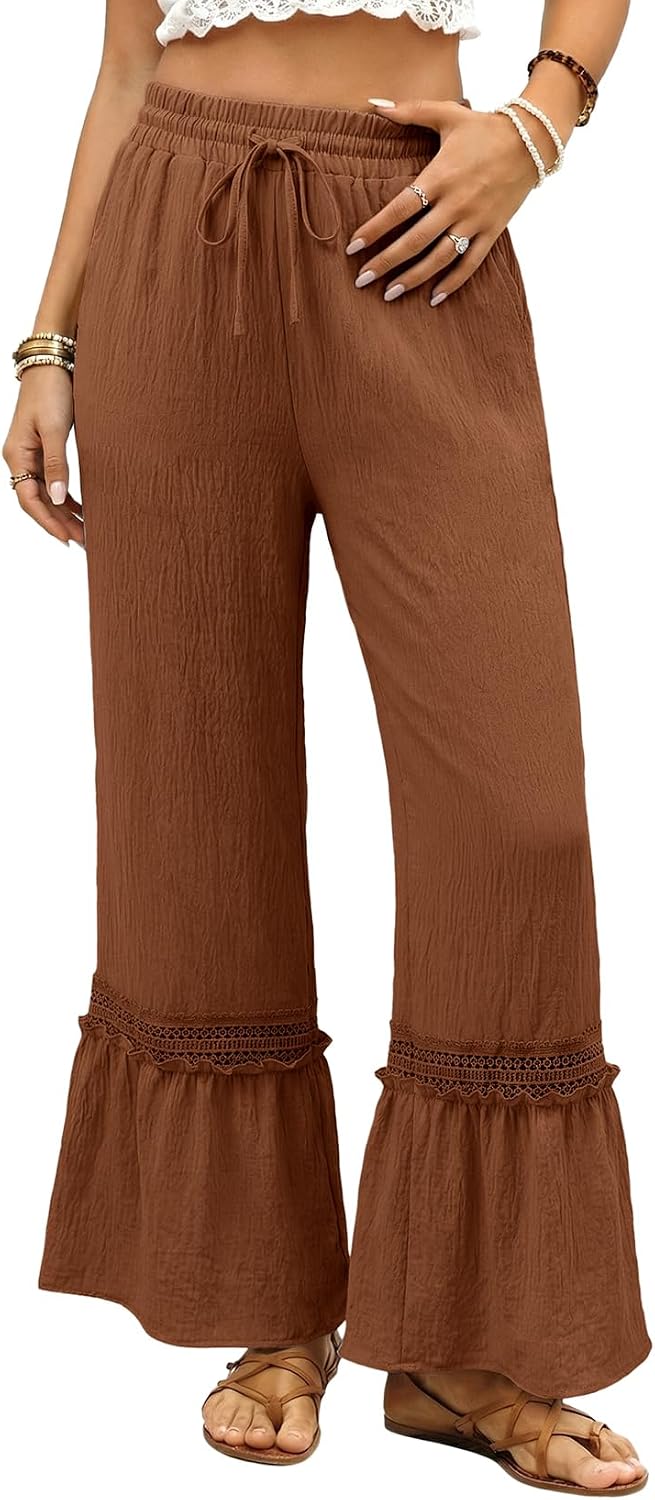 Women's Pants Casual High Waisted Wide Leg Pants Woman Loose Drawstrings Lace Trousers with Pockets