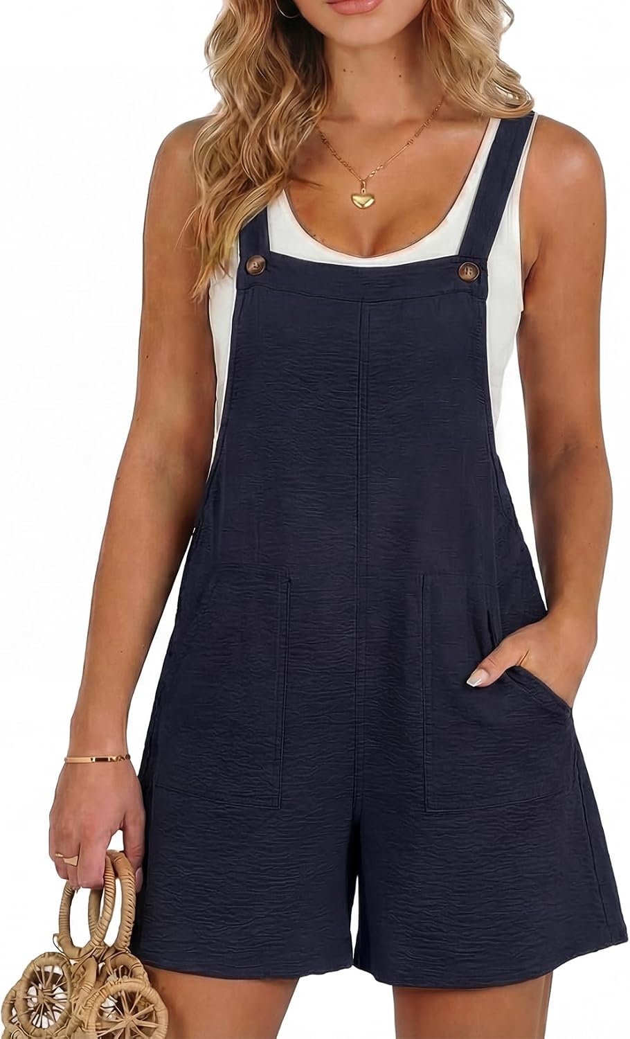Women's Casual Rompers Loose Overalls One Piece Sleeveless Wide Leg Short Pant Jumpsuits With Pockets