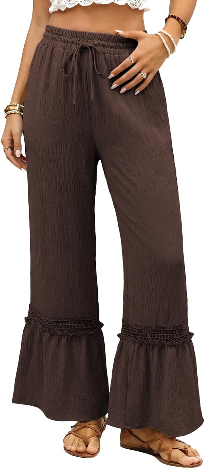 Women's Pants Casual High Waisted Wide Leg Pants Woman Loose Drawstrings Lace Trousers with Pockets