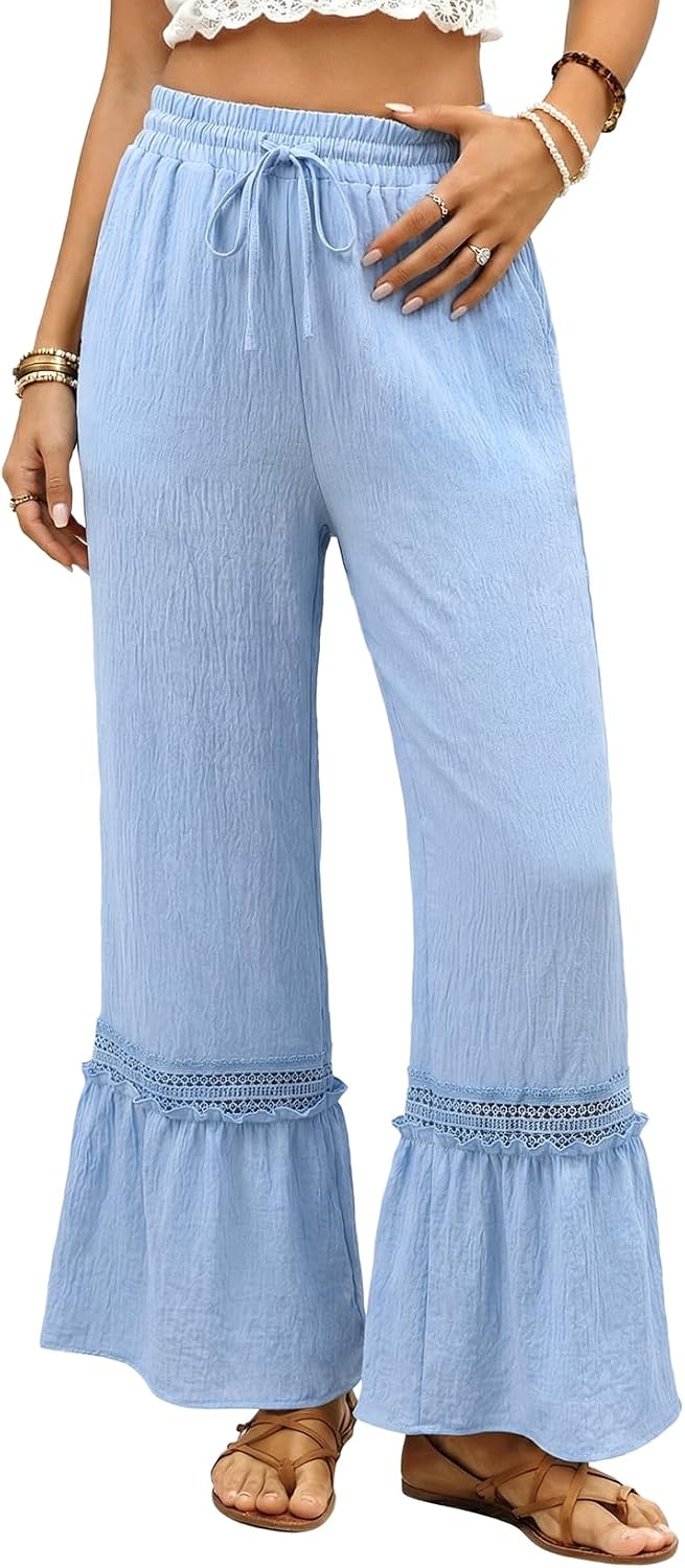 Women's Pants Casual High Waisted Wide Leg Pants Woman Loose Drawstrings Lace Trousers with Pockets