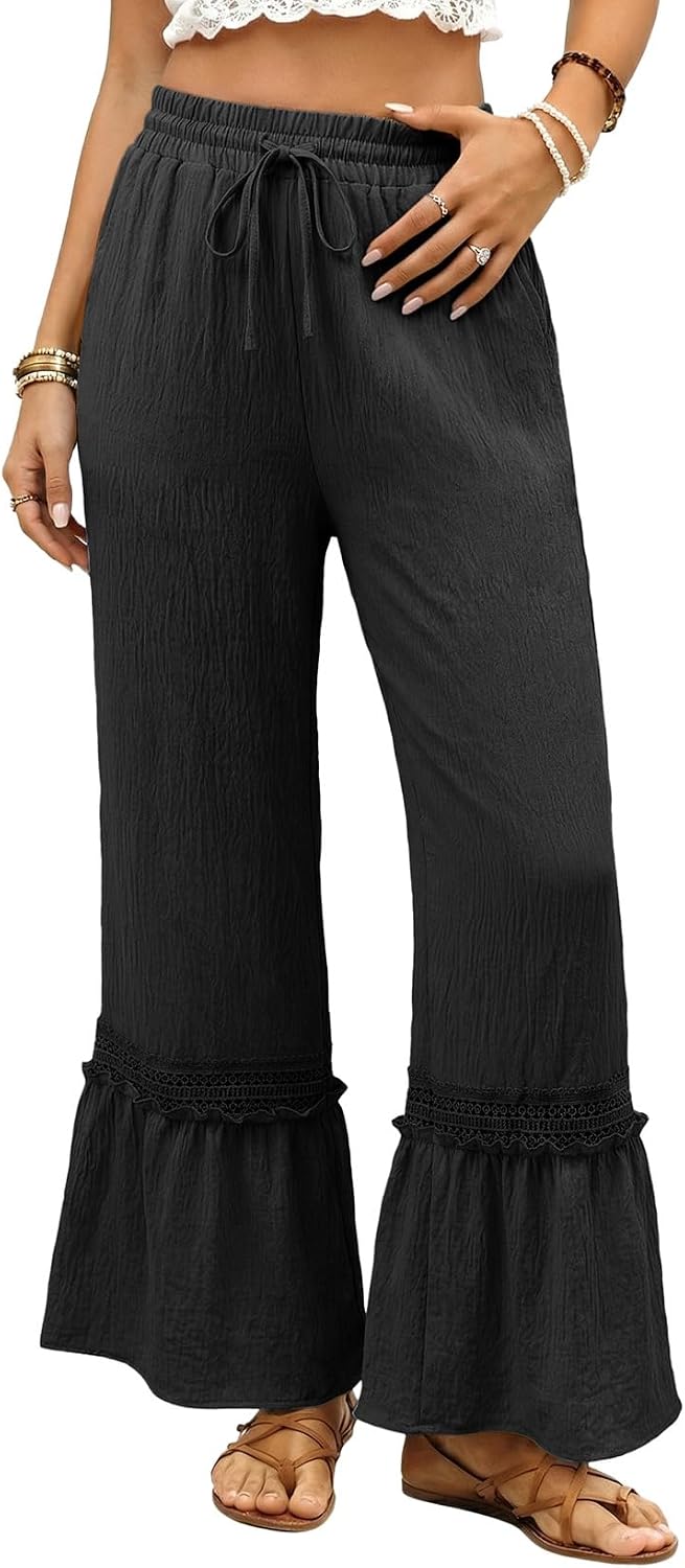 Women's Pants Casual High Waisted Wide Leg Pants Woman Loose Drawstrings Lace Trousers with Pockets