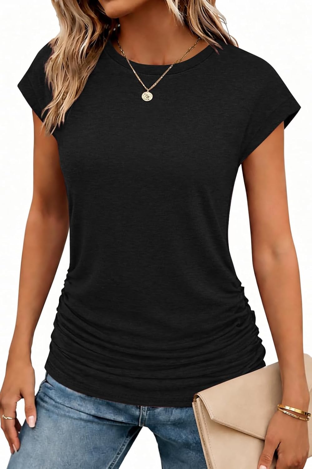 Women's Cap Short Sleeve T-Shirts Ruched Crew Neck Trendy Fashion Tunic Blouse