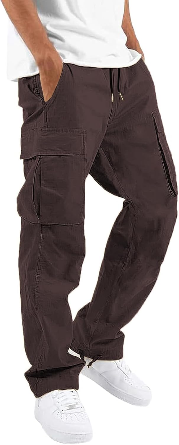 Mens Casual Joggers Pants Hiking Drawstring Chino Cargo Pants Straight Leg Pants