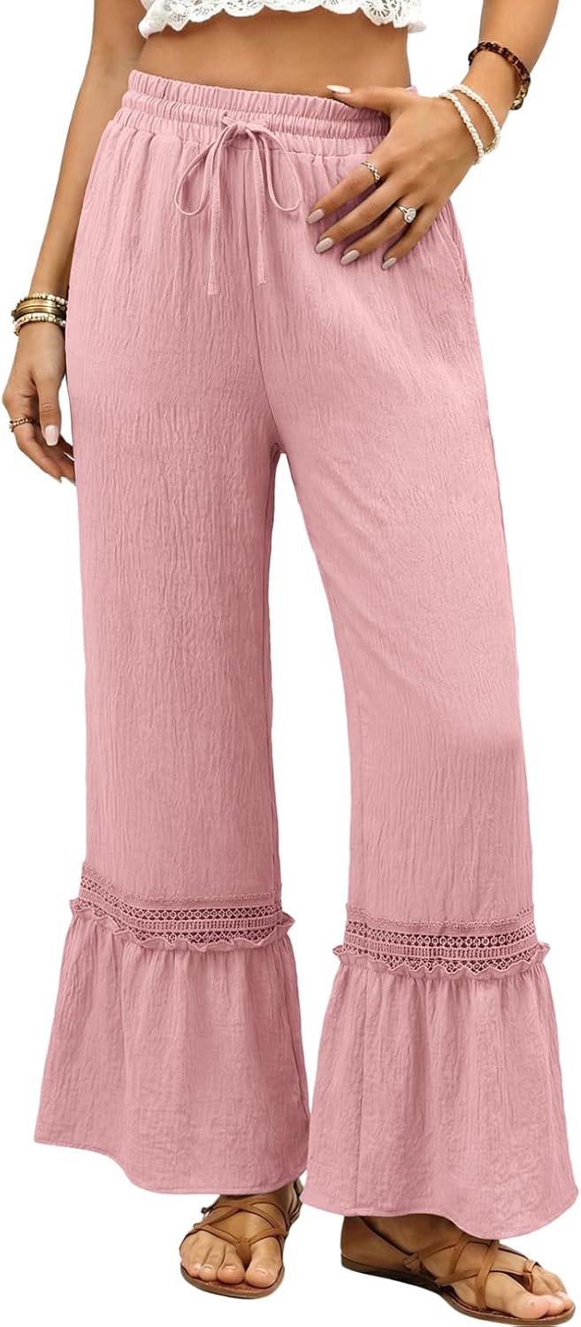 Women's Pants Casual High Waisted Wide Leg Pants Woman Loose Drawstrings Lace Trousers with Pockets