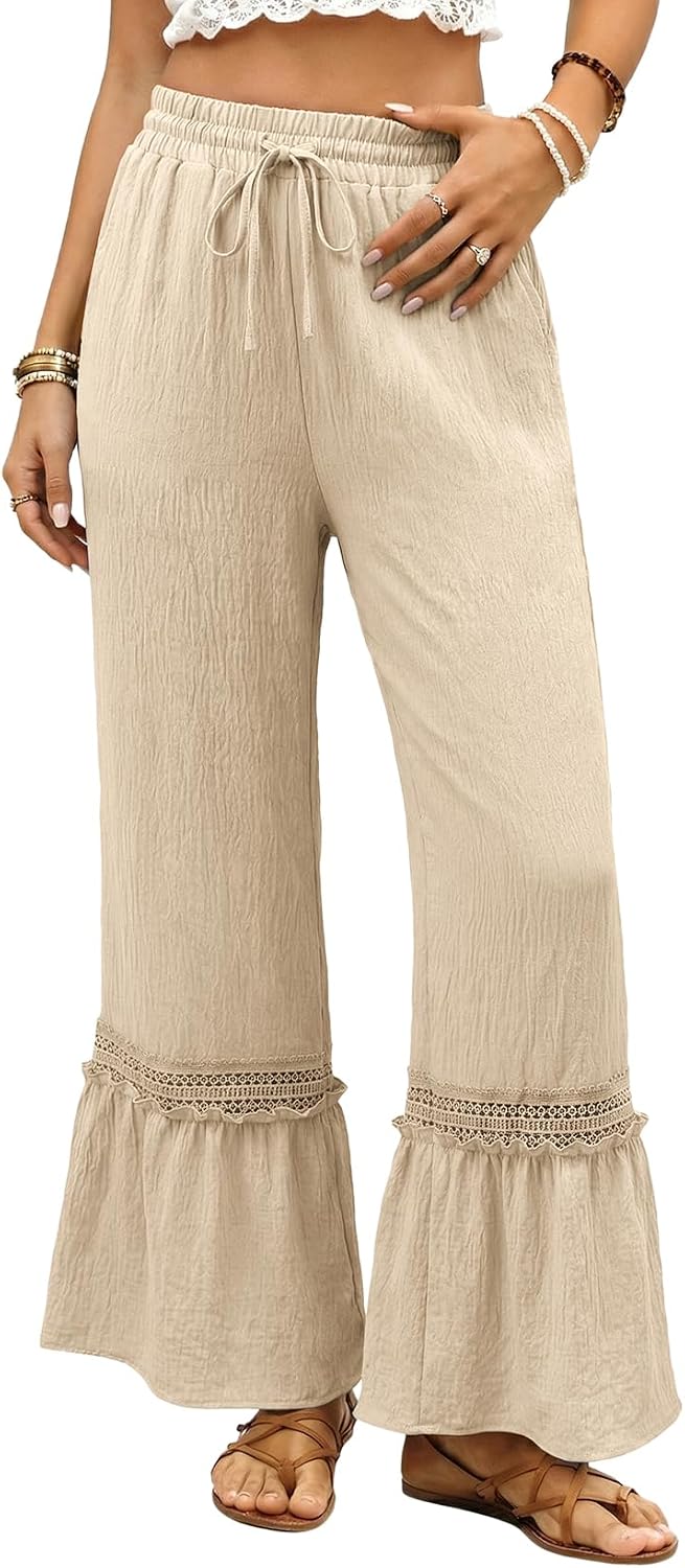 Women's Pants Casual High Waisted Wide Leg Pants Woman Loose Drawstrings Lace Trousers with Pockets
