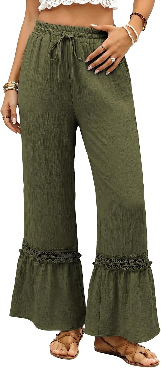 Women's Pants Casual High Waisted Wide Leg Pants Woman Loose Drawstrings Lace Trousers with Pockets
