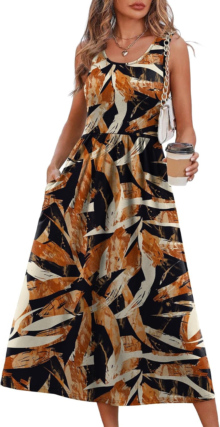Summer Dresses for Women Flowy Casual Midi Dress Beach Vacation Sundresses with Pockets