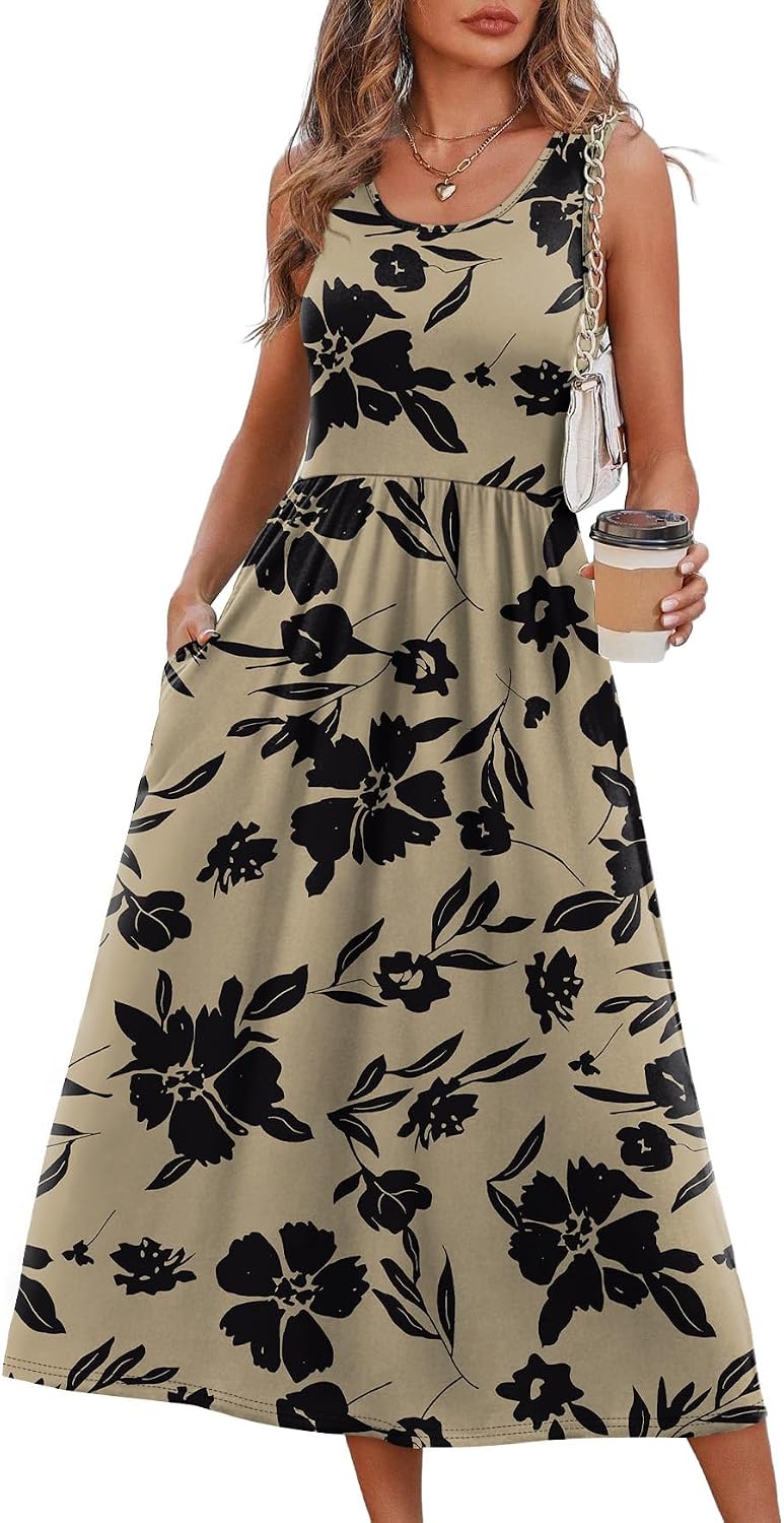 Summer Dresses for Women Flowy Casual Midi Dress Beach Vacation Sundresses with Pockets