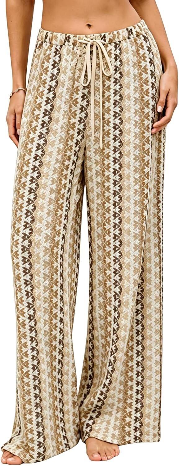 Womens Beach Cover Up Pants Sexy Crochet Drawstring Elastic Boho Swimsuit Cover Up Long Pants Beach Wear