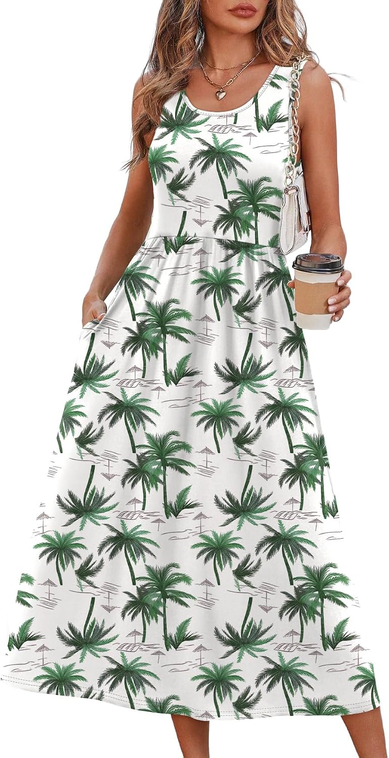 Summer Dresses for Women Flowy Casual Midi Dress Beach Vacation Sundresses with Pockets