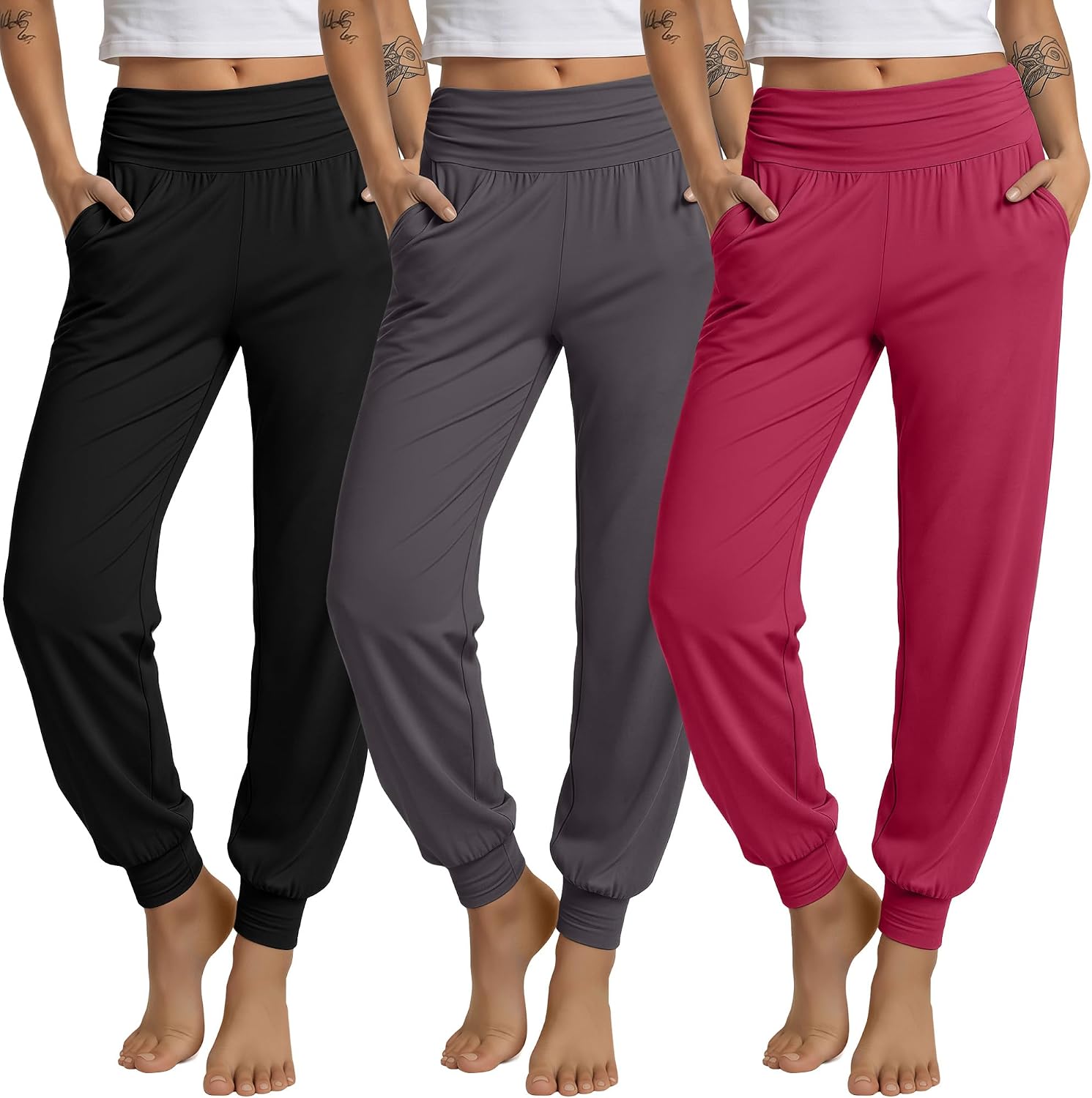 3 Pack Women's Lounge Pants Cozy Yoga Joggers with Pockets High Waisted Workout Lightweight Sweatpants Loose Fit Pants