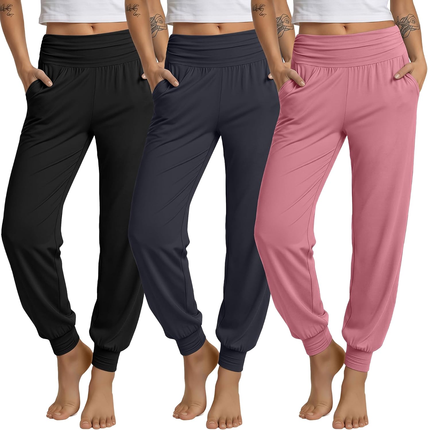 3 Pack Women's Lounge Pants Cozy Yoga Joggers with Pockets High Waisted Workout Lightweight Sweatpants Loose Fit Pants