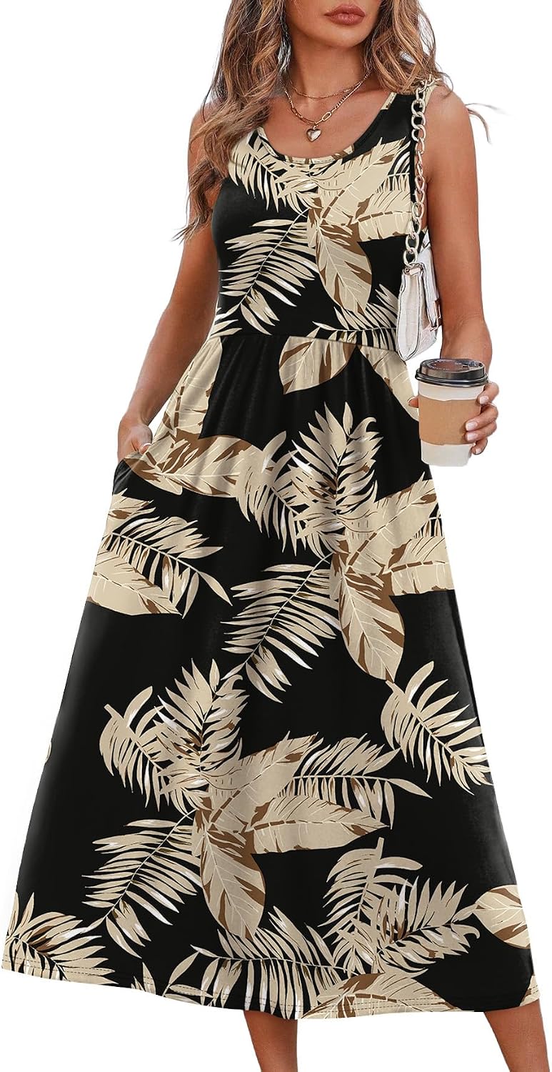 Summer Dresses for Women Flowy Casual Midi Dress Beach Vacation Sundresses with Pockets