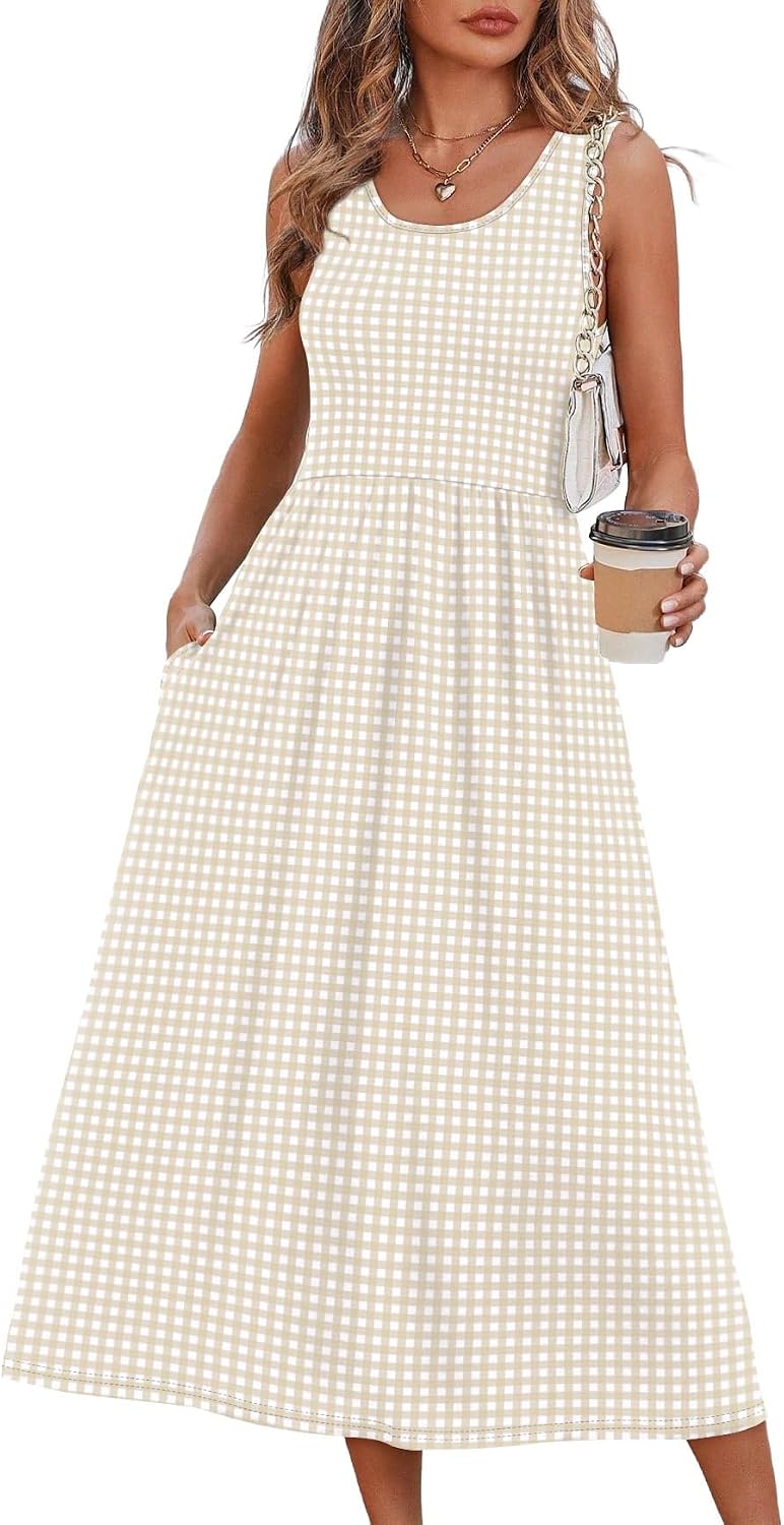 Summer Dresses for Women Flowy Casual Midi Dress Beach Vacation Sundresses with Pockets