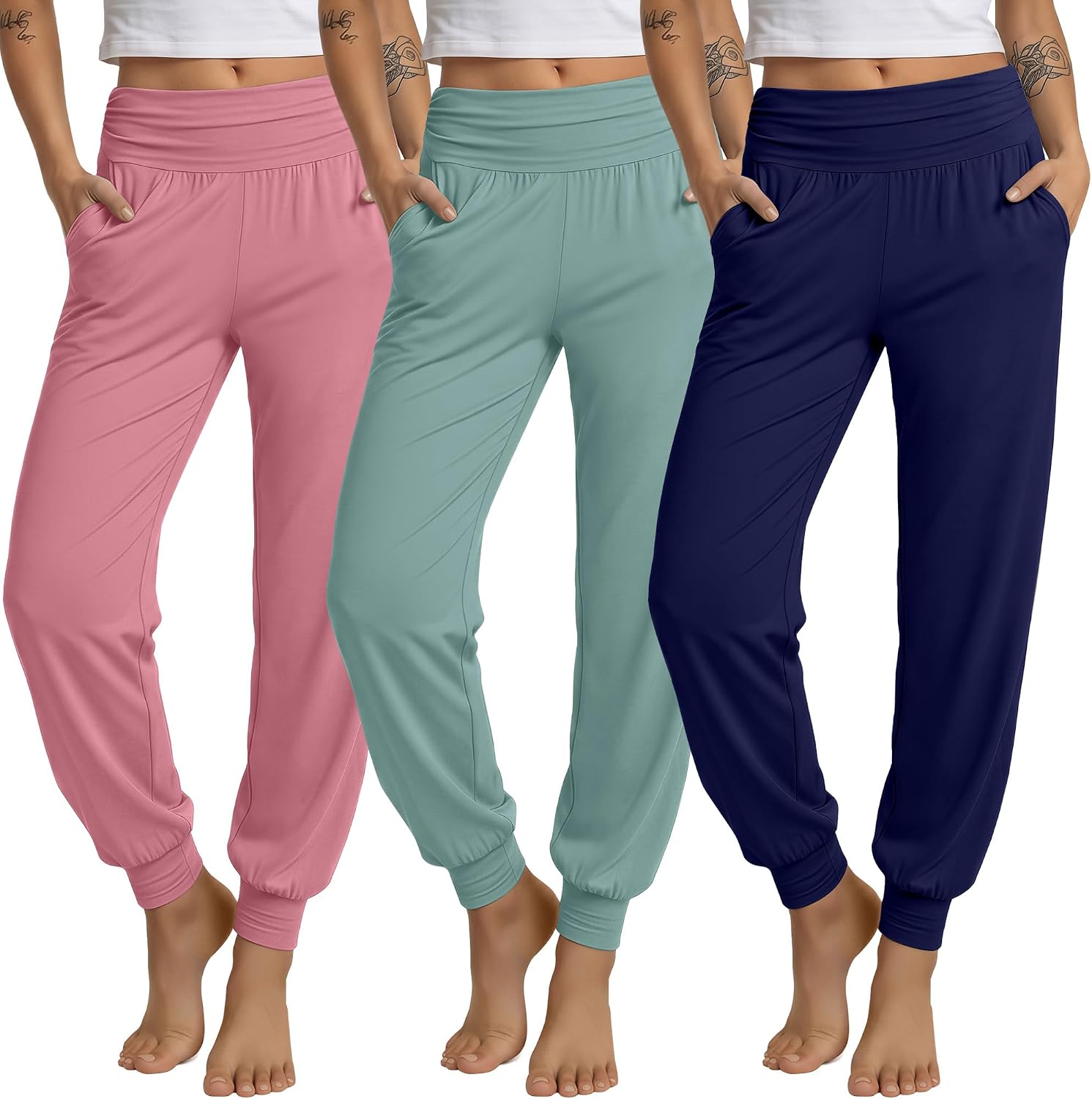 3 Pack Women's Lounge Pants Cozy Yoga Joggers with Pockets High Waisted Workout Lightweight Sweatpants Loose Fit Pants