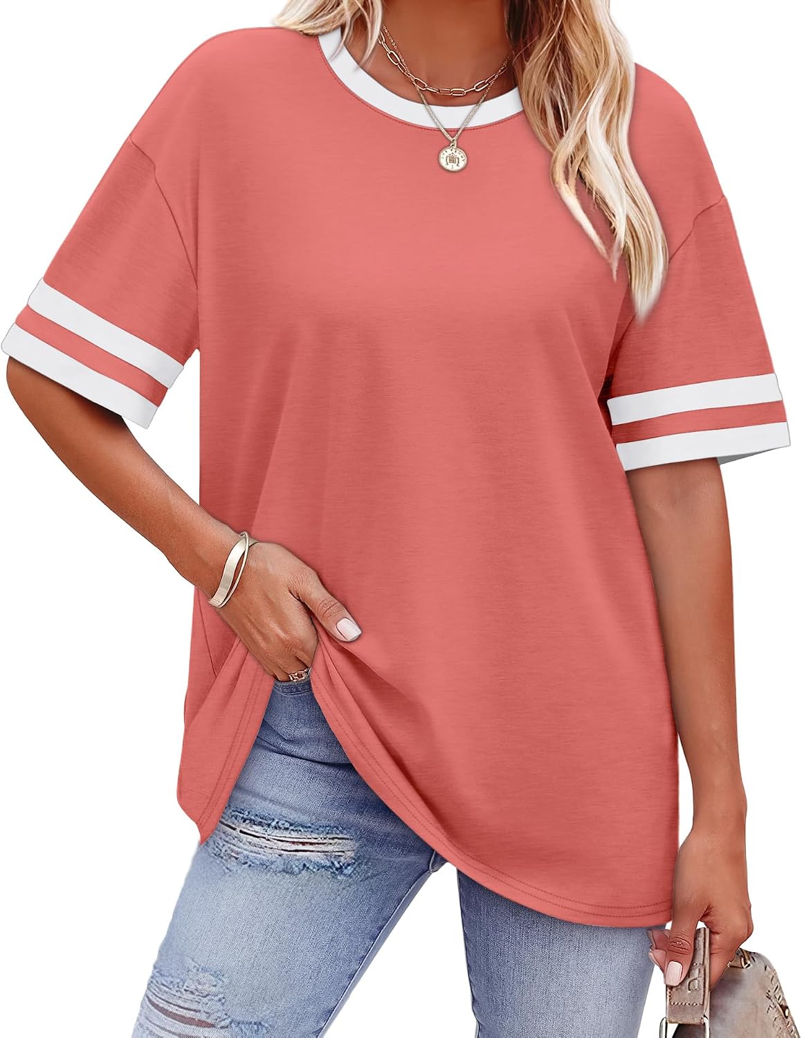 Womens T Shirts Loose Fit Short Sleeve Tees Crew Neck Color Block Summer Tops 2026 Fashion