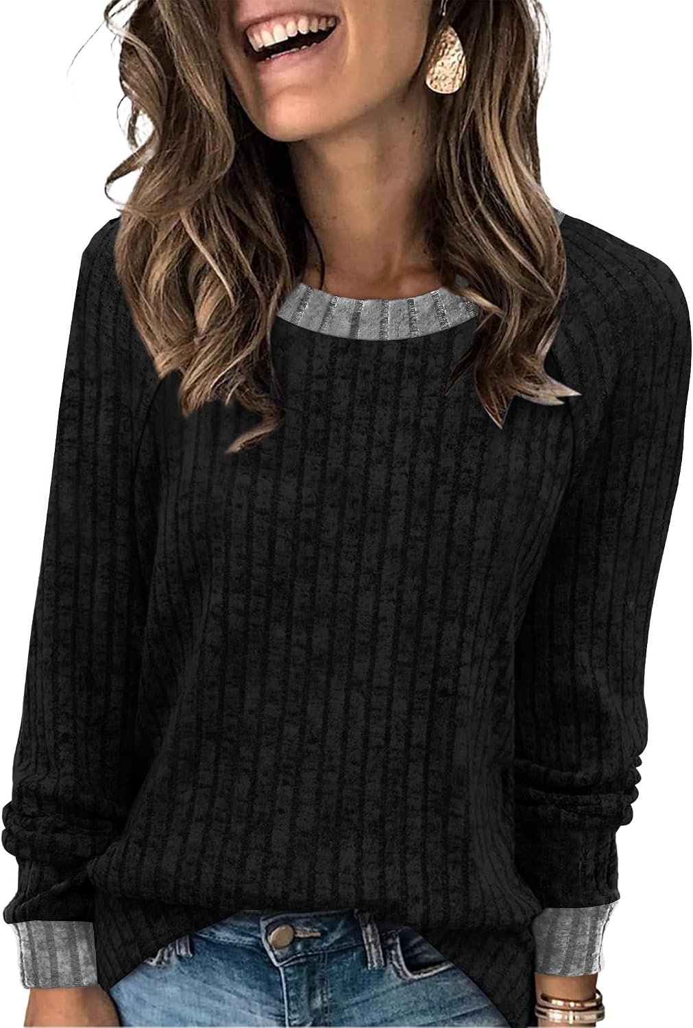 Long Sleeve Shirts for Women Lightweight Sweaters Fall Outfits 2026 Color Block Winter Clothing Dressy Casual Soft