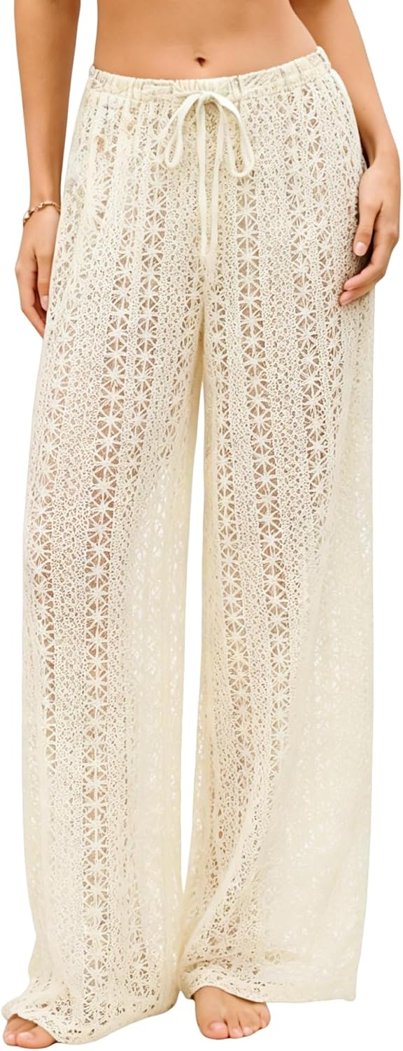 Womens Beach Cover Up Pants Sexy Crochet Drawstring Elastic Boho Swimsuit Cover Up Long Pants Beach Wear