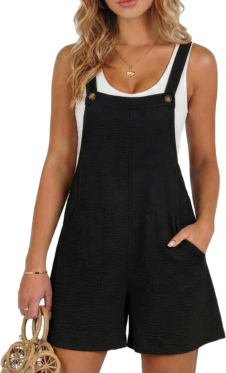 Women's Casual Rompers Loose Overalls One Piece Sleeveless Wide Leg Short Pant Jumpsuits With Pockets