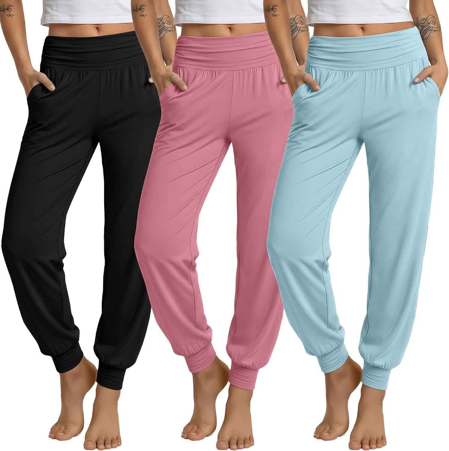 3 Pack Women's Lounge Pants Cozy Yoga Joggers with Pockets High Waisted Workout Lightweight Sweatpants Loose Fit Pants