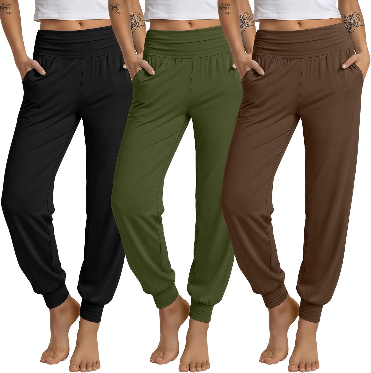 3 Pack Women's Lounge Pants Cozy Yoga Joggers with Pockets High Waisted Workout Lightweight Sweatpants Loose Fit Pants