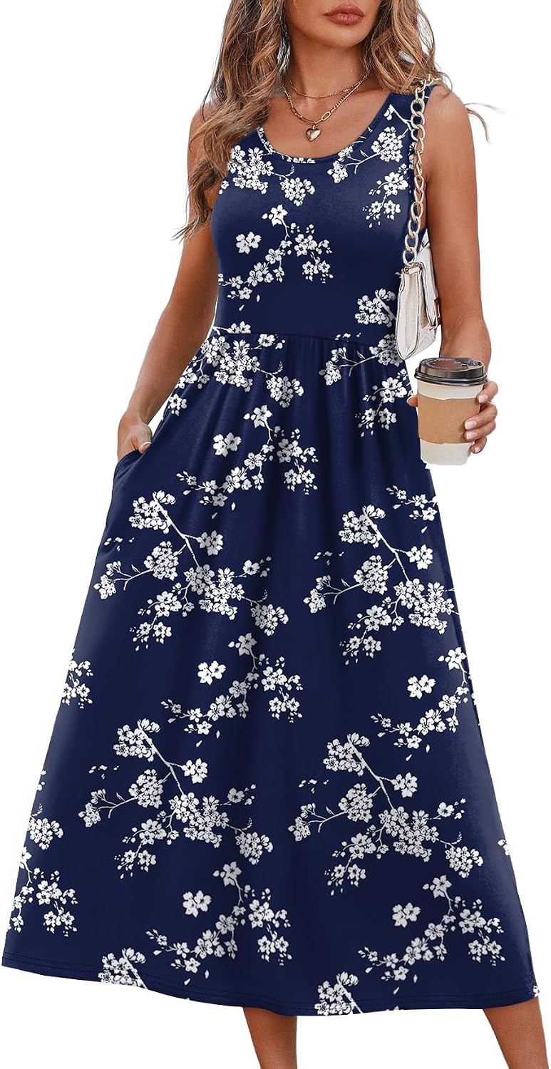 Summer Dresses for Women Flowy Casual Midi Dress Beach Vacation Sundresses with Pockets