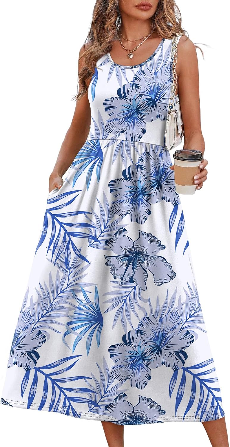 Summer Dresses for Women Flowy Casual Midi Dress Beach Vacation Sundresses with Pockets