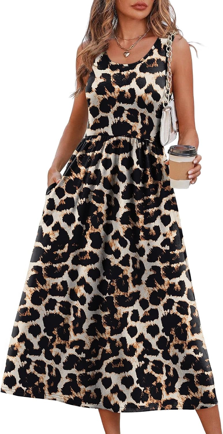 Summer Dresses for Women Flowy Casual Midi Dress Beach Vacation Sundresses with Pockets