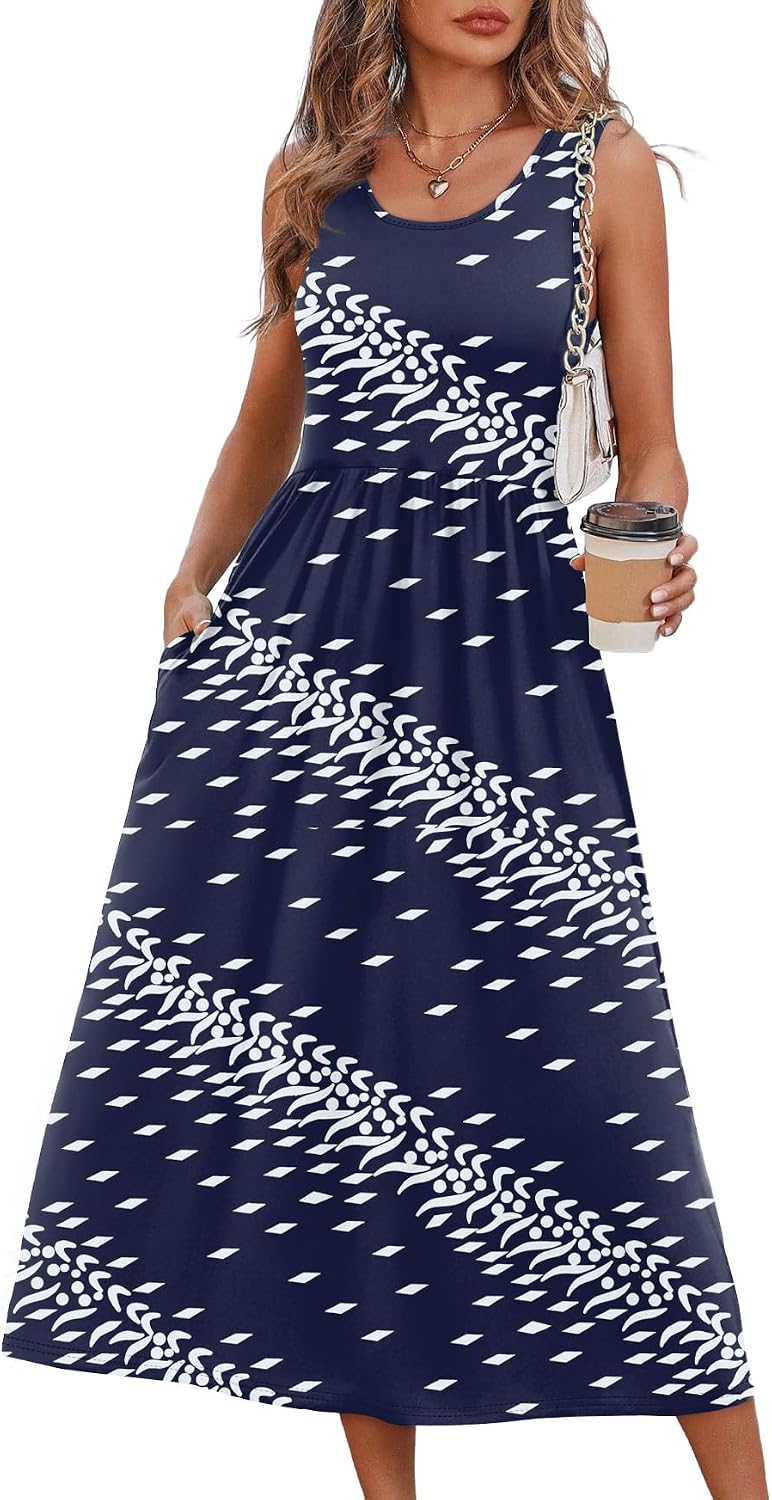 Summer Dresses for Women Flowy Casual Midi Dress Beach Vacation Sundresses with Pockets