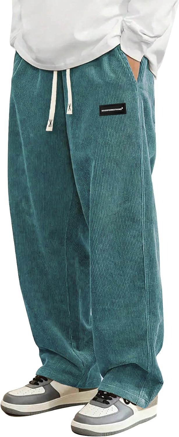 Mens Corduroy Casual Pants Fashion Loose Fit Wide Leg Pants Straight Sweatpants Elastic Waist Drawstring