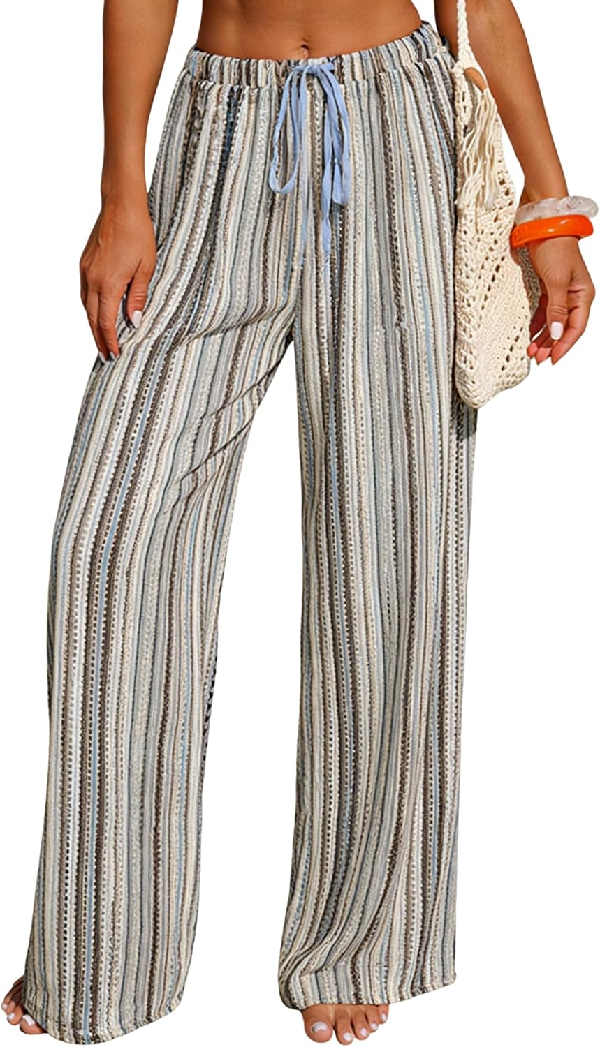 Womens Beach Cover Up Pants Sexy Crochet Drawstring Elastic Boho Swimsuit Cover Up Long Pants Beach Wear