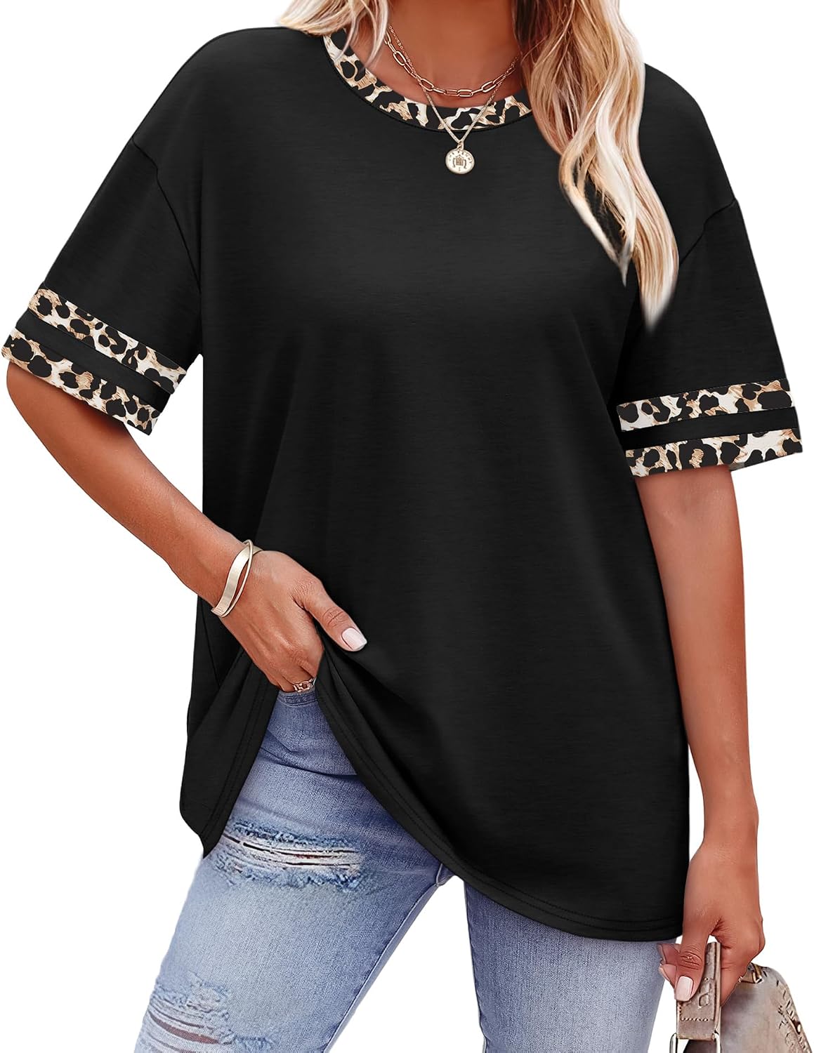 Womens T Shirts Loose Fit Short Sleeve Tees Crew Neck Color Block Summer Tops 2026 Fashion