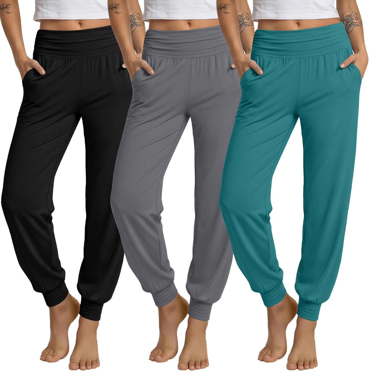 3 Pack Women's Lounge Pants Cozy Yoga Joggers with Pockets High Waisted Workout Lightweight Sweatpants Loose Fit Pants