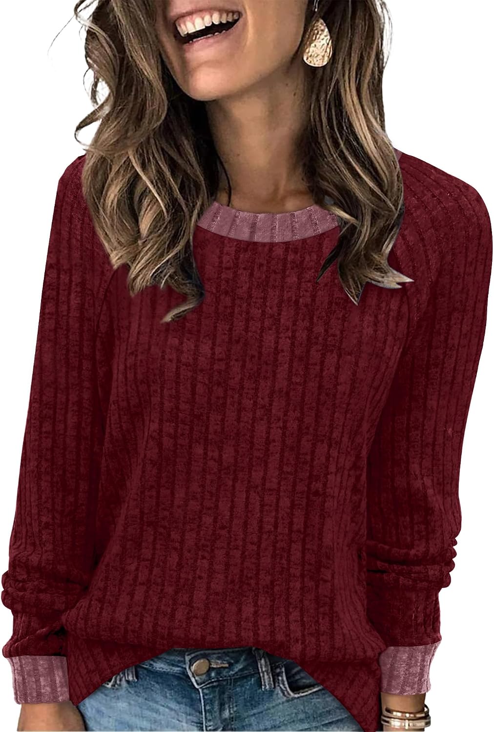 Long Sleeve Shirts for Women Lightweight Sweaters Fall Outfits 2026 Color Block Winter Clothing Dressy Casual Soft