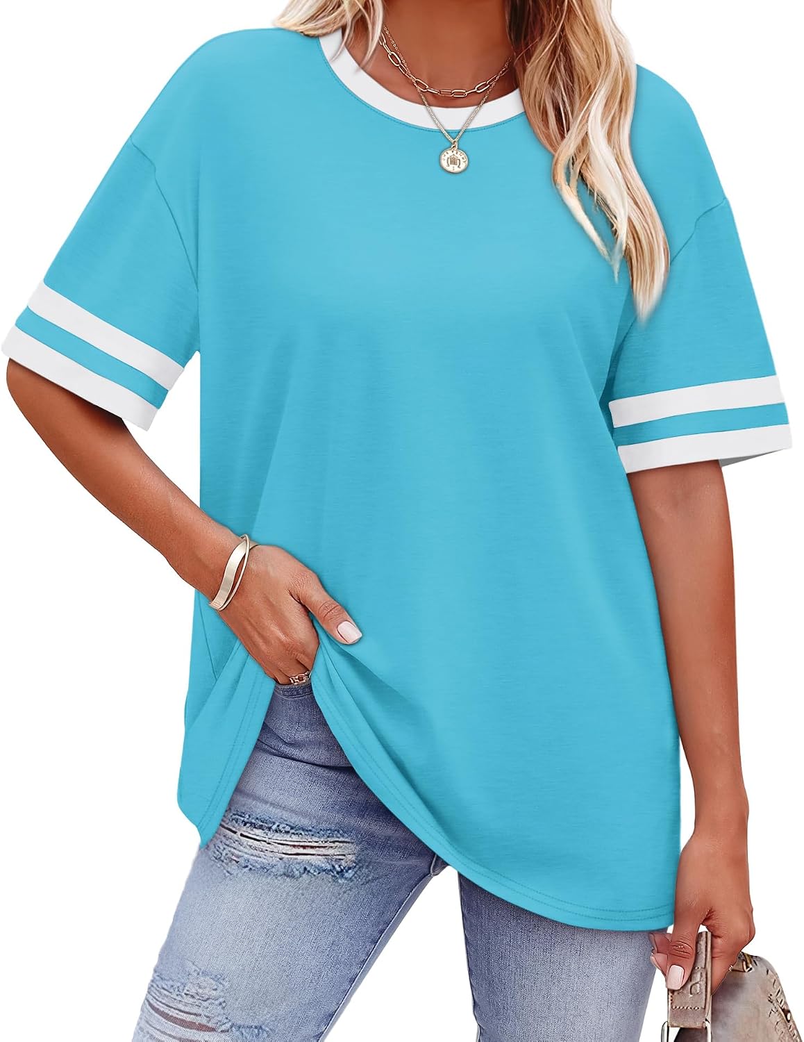 Womens T Shirts Loose Fit Short Sleeve Tees Crew Neck Color Block Summer Tops 2026 Fashion