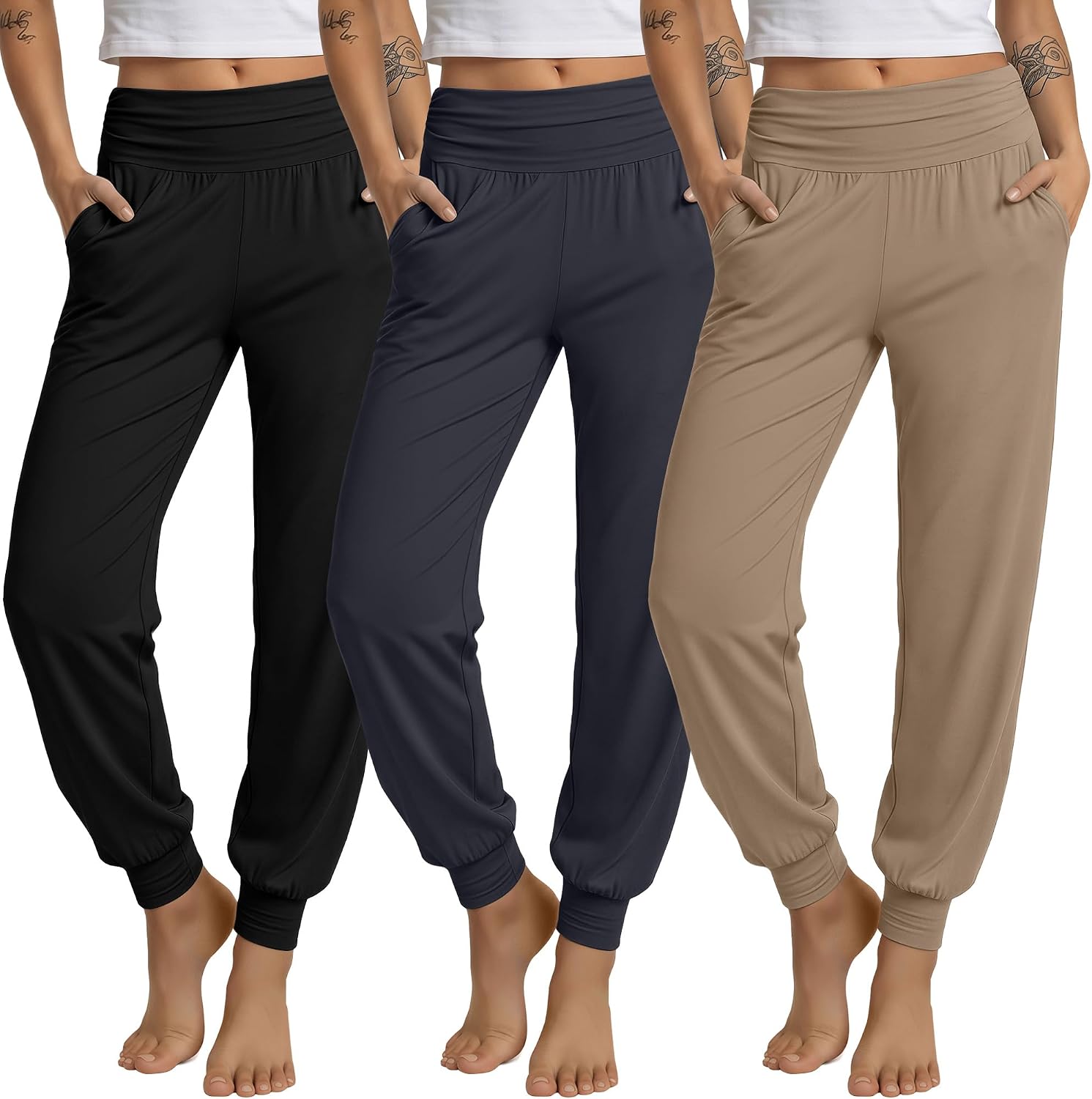 3 Pack Women's Lounge Pants Cozy Yoga Joggers with Pockets High Waisted Workout Lightweight Sweatpants Loose Fit Pants