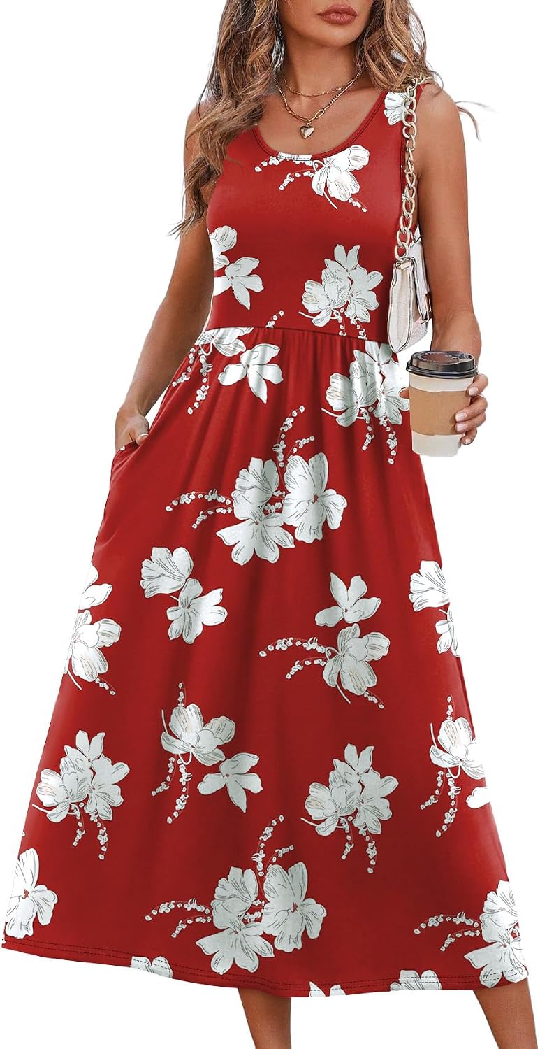 Summer Dresses for Women Flowy Casual Midi Dress Beach Vacation Sundresses with Pockets