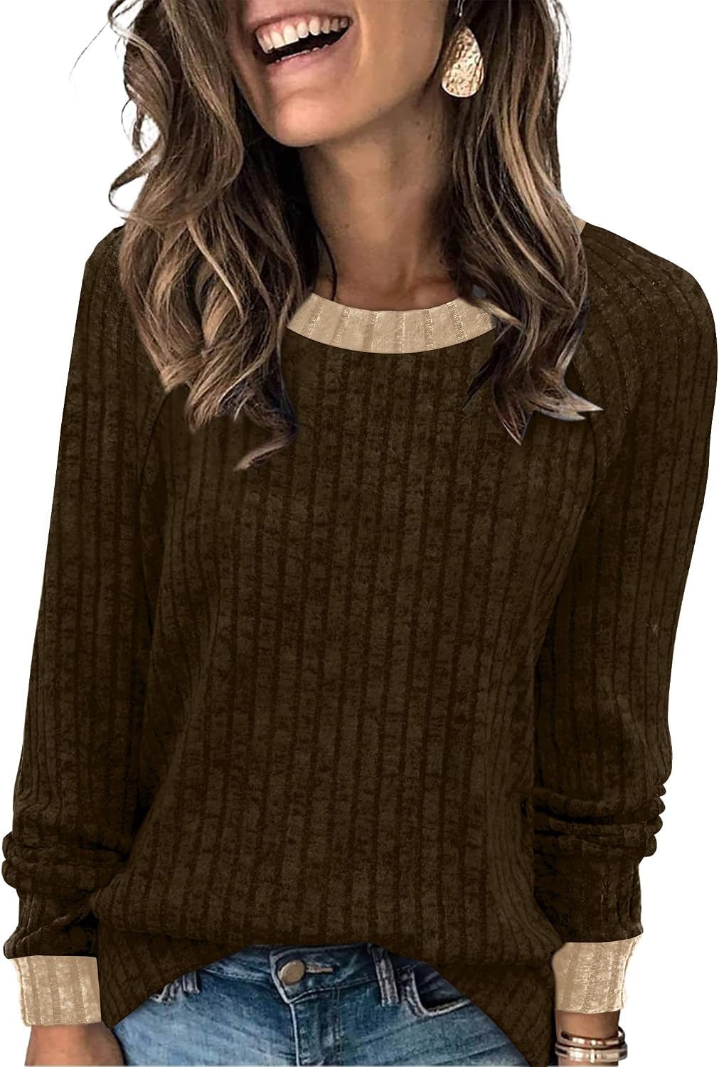 Long Sleeve Shirts for Women Lightweight Sweaters Fall Outfits 2026 Color Block Winter Clothing Dressy Casual Soft