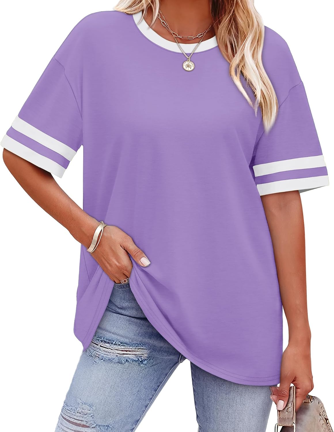 Womens T Shirts Loose Fit Short Sleeve Tees Crew Neck Color Block Summer Tops 2026 Fashion