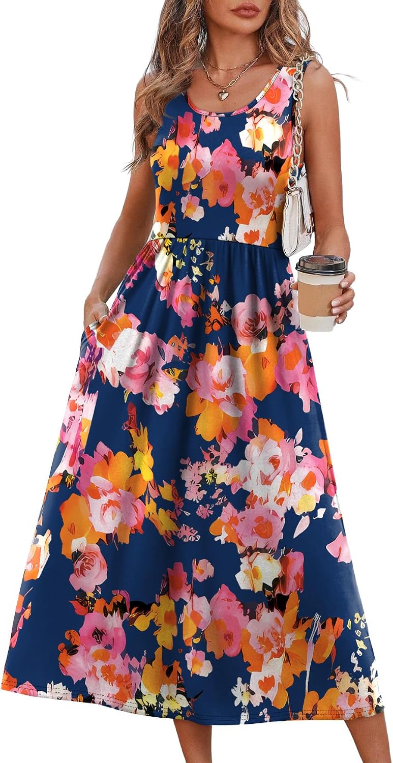 Summer Dresses for Women Flowy Casual Midi Dress Beach Vacation Sundresses with Pockets